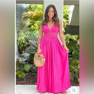 SAVED BY THE DRESS MISS AVENUE PINK MAXI DRESS WITH CROCHET TRIM AND OPEN BACK